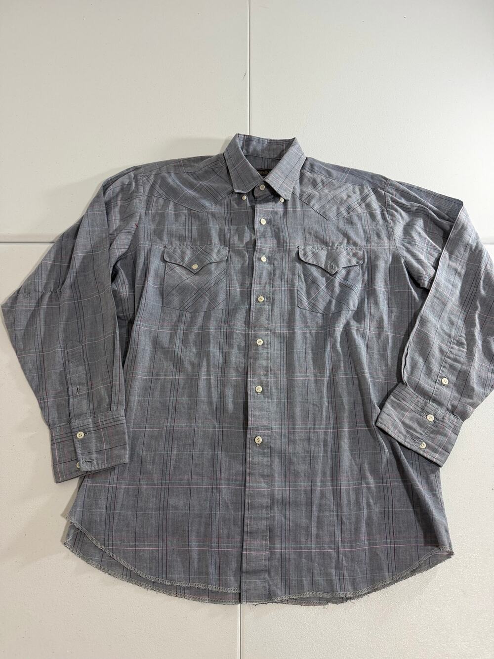 Panhandle Slim Western Shirt Mens 17-36 Gray Plaid Pearl Snap Long Sleeve